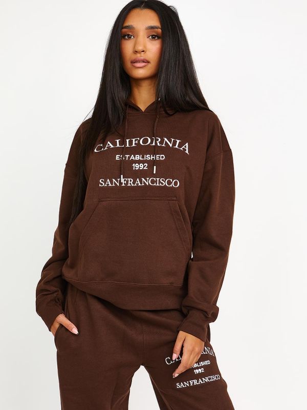 Embroidered California Hooded Fleece Co-ord In Chocolate