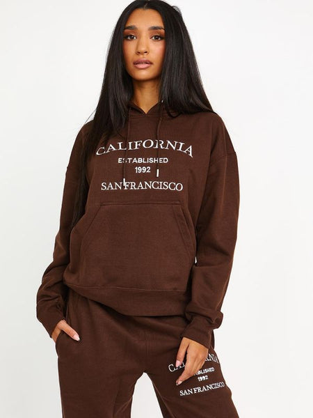Embroidered California Hooded Fleece Co-ord In Chocolate