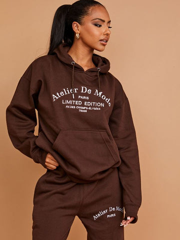Embroidered Atelier De Mode Hooded Fleece Co-ord In Chocolate