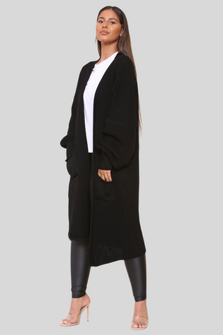 Black Baloon Sleeve Knitted Cardigan