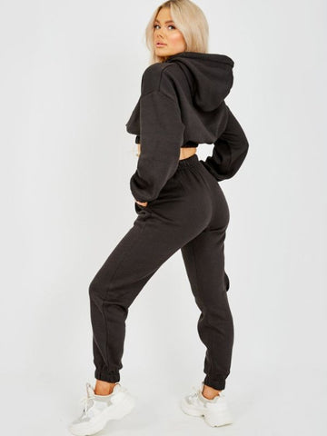 Fleeced Cropped Hoodie & Jogger Co-ord In Black