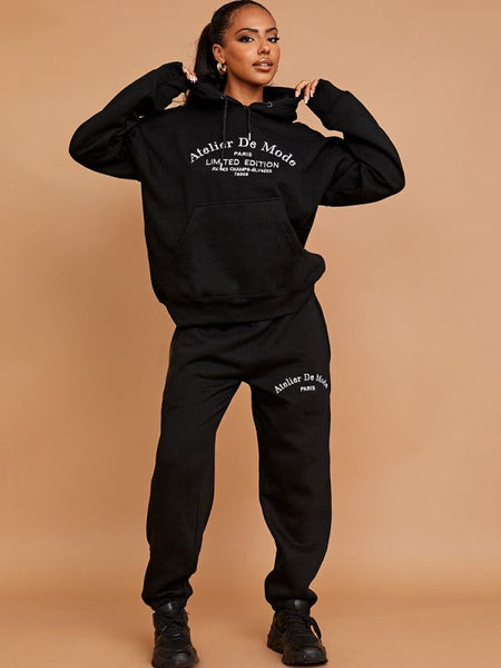Embroidered Atelier De Mode Hooded Fleece Co-ord In Black