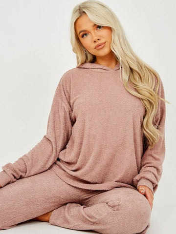 Towelling Hooded Top & Trouser Co-ord In Rose