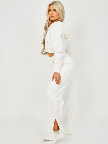Zipped Hooded Top & Split Trouser Fleece Co-ord In Cream