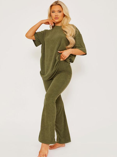 Towelling Fabric Oversized Top & Flare Trouser Co-ord In Khaki