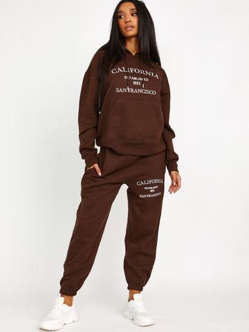 Embroidered California Hooded Fleece Co-ord In Chocolate
