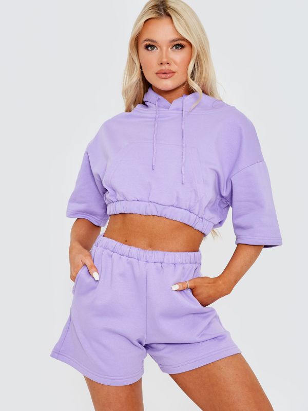 Cropped Hoodie & Shorts Fleece Co-ord In Lilac