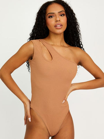 Cut Out One Shoulder Ribbed Bodysuit Camel