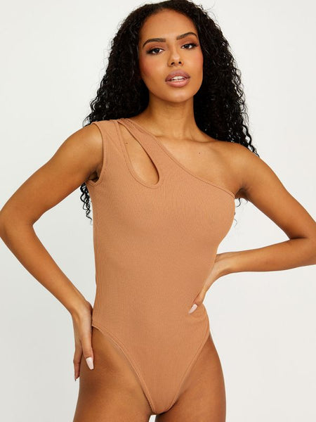 Cut Out One Shoulder Ribbed Bodysuit Camel