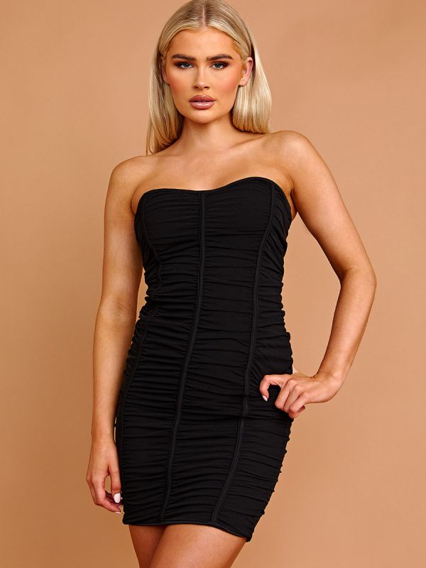 Ruched Mesh Bandeau Dress In Black