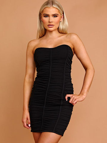 Ruched Mesh Bandeau Dress In Black