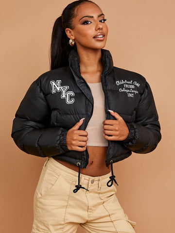 NYC Embroidered Cropped Puffer Jacket In Black