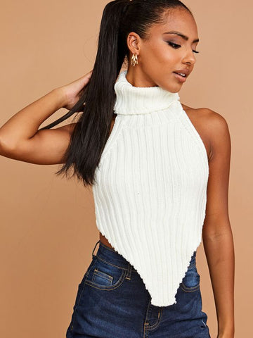 Halter Roll Neck Asymmetric Hem Knitted Crop Top In Cream