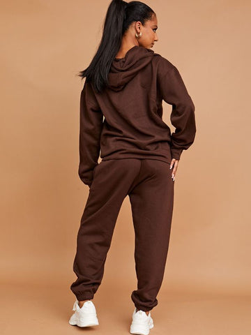 Embroidered French Riviera Hooded Fleece Co-ord In Chocolate