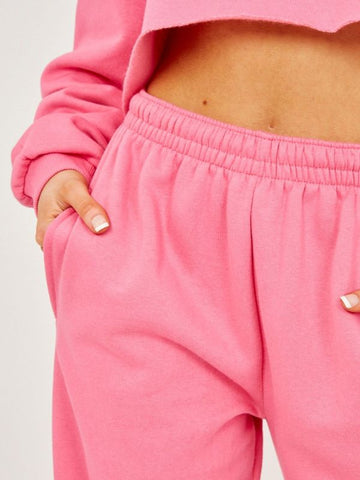 Raw Hem Cropped Hoodie & Jogger Fleece Co-ord In Fuchsia