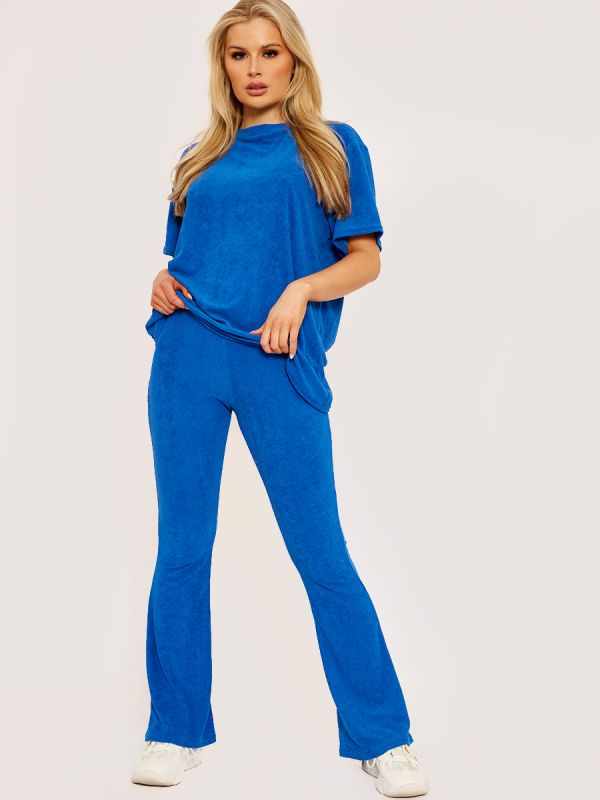 Towelling Fabric Oversized Top & Flare Trouser Co-ord In Royal