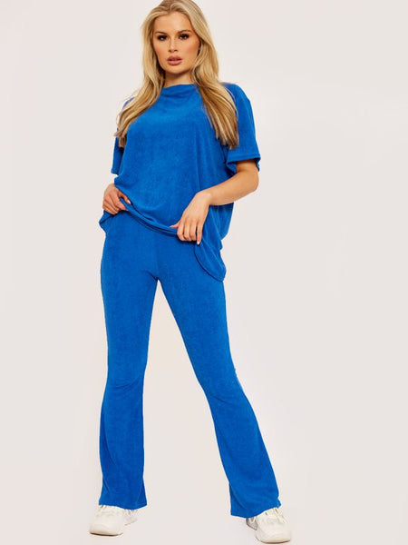 Towelling Fabric Oversized Top & Flare Trouser Co-ord In Royal