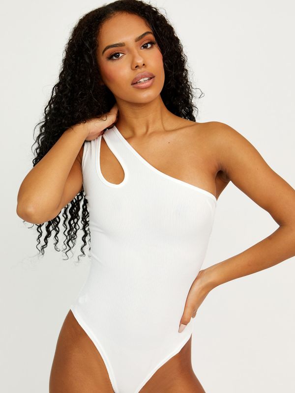 Cut Out One Shoulder Ribbed Bodysuit In Cream