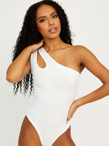 Cut Out One Shoulder Ribbed Bodysuit In Cream