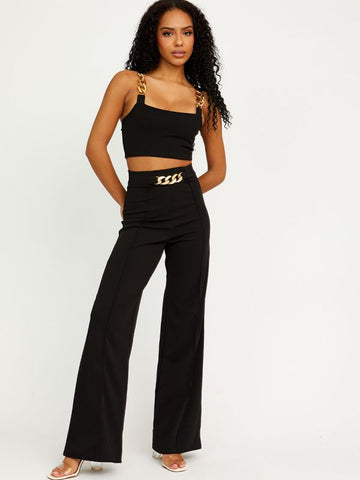 Chain Detail Crop Top & Trouser Co-ord In Black