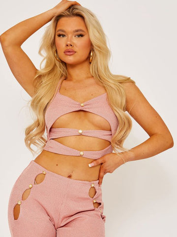 Jenna Ribbed Cut Out Detail Halter Crop Top and Trouser Co-ord In Rose