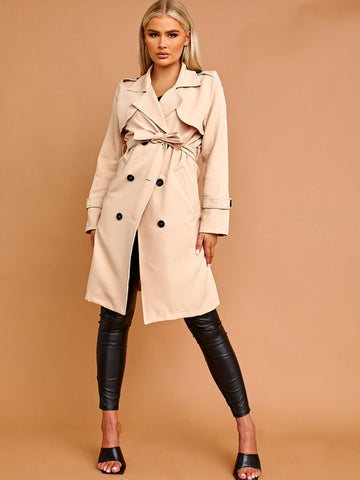 Panel Detail Belted Trench Coat In Stone