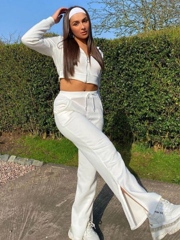 Zipped Hooded Top & Split Trouser Fleece Co-ord In Cream