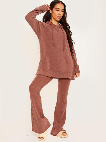 Ribbed Hooded Top & Flared Trouser Co-ord In Chocolate