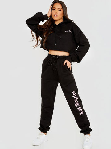 Los Angeles Cropped Hoodie & Jogger Fleece Co-ord In Black