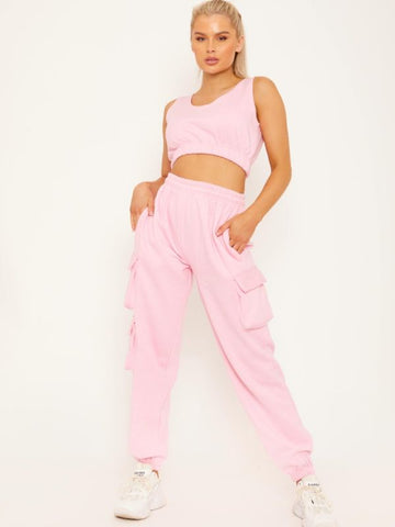 Fleeced Crop Top & Cargo Jogger Co-ord In Pink