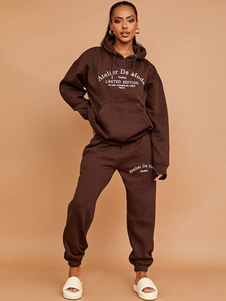 Embroidered Atelier De Mode Hooded Fleece Co-ord In Chocolate