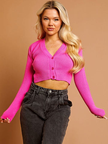 Knitted Cropped Cardigan In Fuchsia