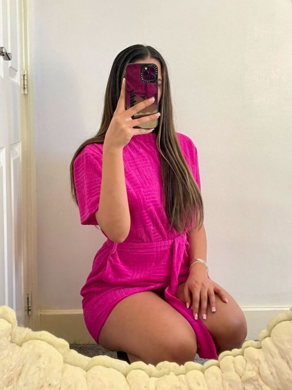 Patterned Towelling T-shirt Dress In Fuchsia