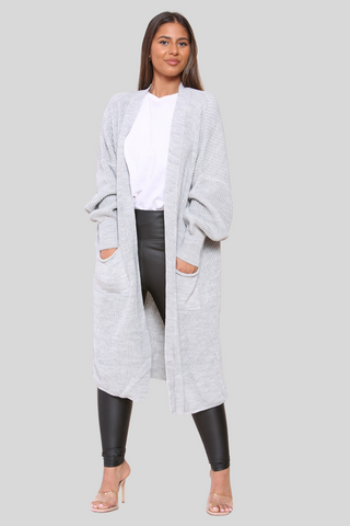 Grey Baloon Sleeve Knitted Cardigan