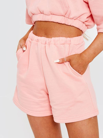 Cropped Hoodie & Shorts Fleece Co-ord In Coral