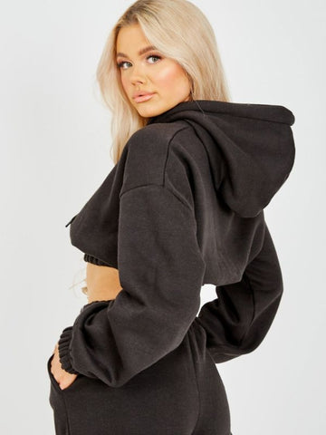 Fleeced Cropped Hoodie & Jogger Co-ord In Black
