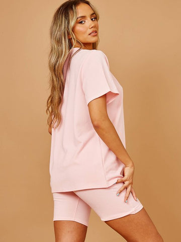 New Ribbed Oversized Top & Shorts Co-ord In Pink