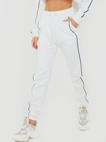 Piping Detail Cropped Hoodie & Jogger Co-ord In White