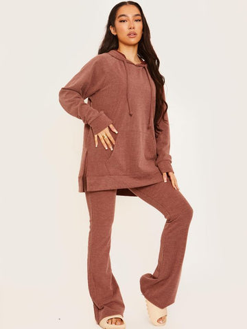 Ribbed Hooded Top & Flared Trouser Co-ord In Chocolate
