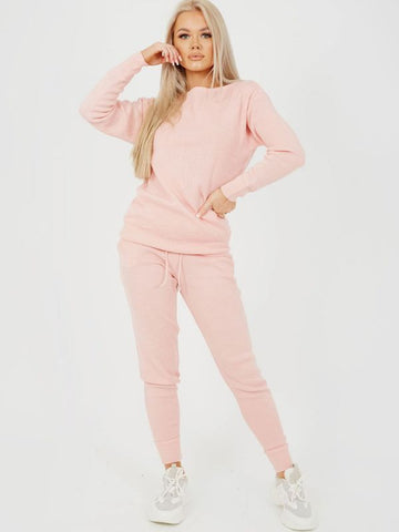 Scoop Neck Knitted Lounge Co-ord In Pink