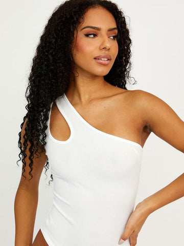 Cut Out One Shoulder Ribbed Bodysuit In Cream