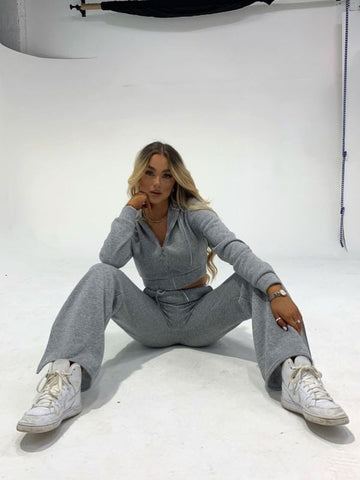 Zipped Hooded Top & Split Trouser Fleece Co-ord In Grey