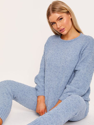 Fluffy Knitted Loungewear Set In Blue