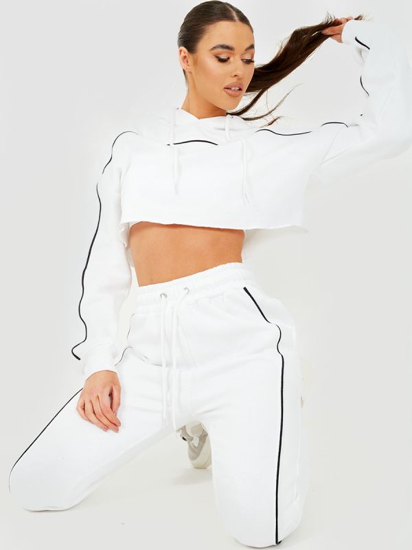 Piping Detail Cropped Hoodie & Jogger Co-ord In White