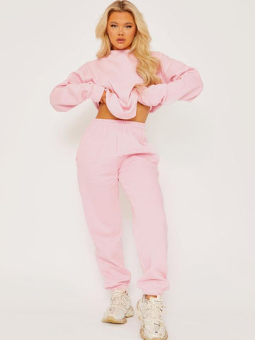 Oversized Plain Sweatshirt & Jogger Fleeced Co-ord In Pink