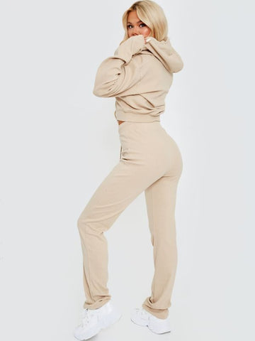 Ribbed Zip Up Hoodie & Trouser Co-ord In Stone