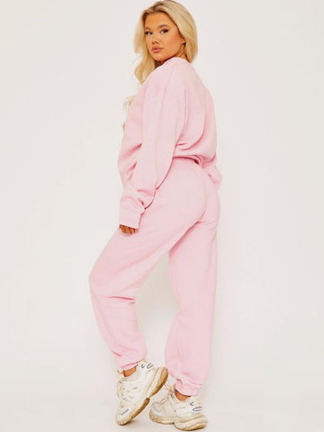 Oversized Plain Sweatshirt & Jogger Fleeced Co-ord In Pink