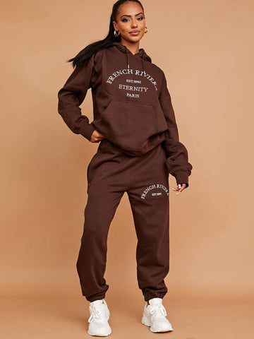 Embroidered French Riviera Hooded Fleece Co-ord In Chocolate